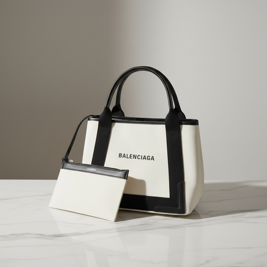 Balenciaga Navy Cabas S 339933 Women's Canvas,Leather Handbag Black,Off-white