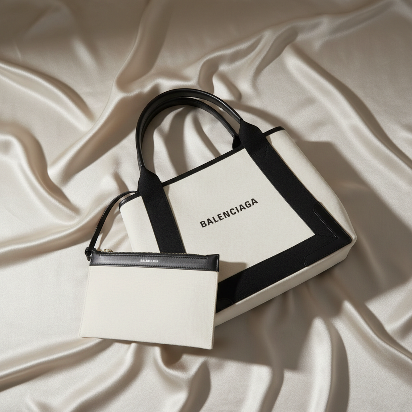 Balenciaga Navy Cabas S 339933 Women's Canvas,Leather Handbag Black,Off-white