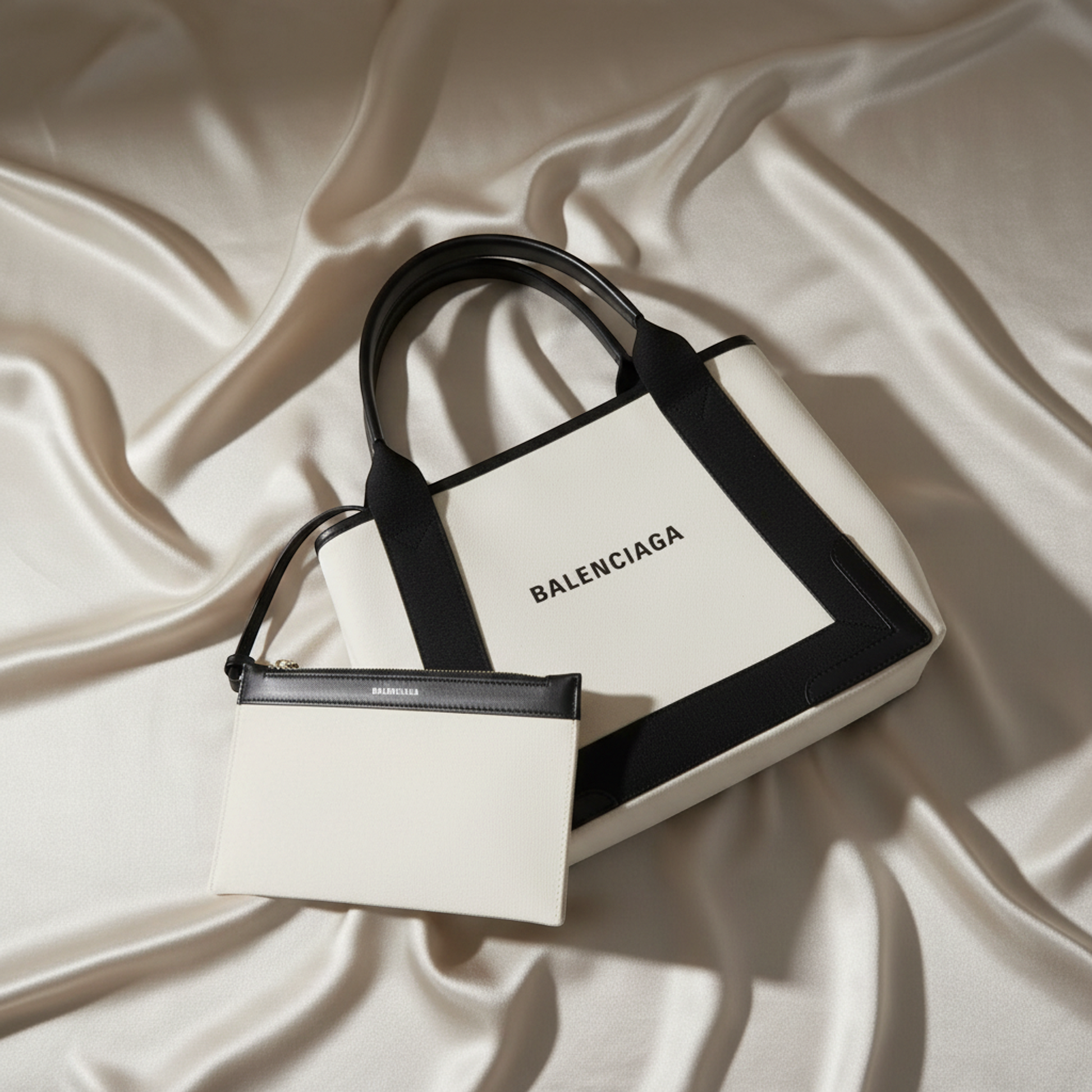 Balenciaga Navy Cabas S 339933 Women's Canvas,Leather Handbag Black,Off-white