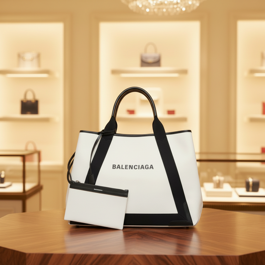 Balenciaga Navy Cabas M 339936 Men,Women Canvas,Leather Handbag,Tote Bag Black,Off-white