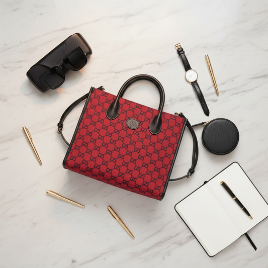 Gucci GG Canvas Interlocking G Small 659983 Women's GG Canvas,Leather Shoulder Bag,Tote Bag Black,Red Color
