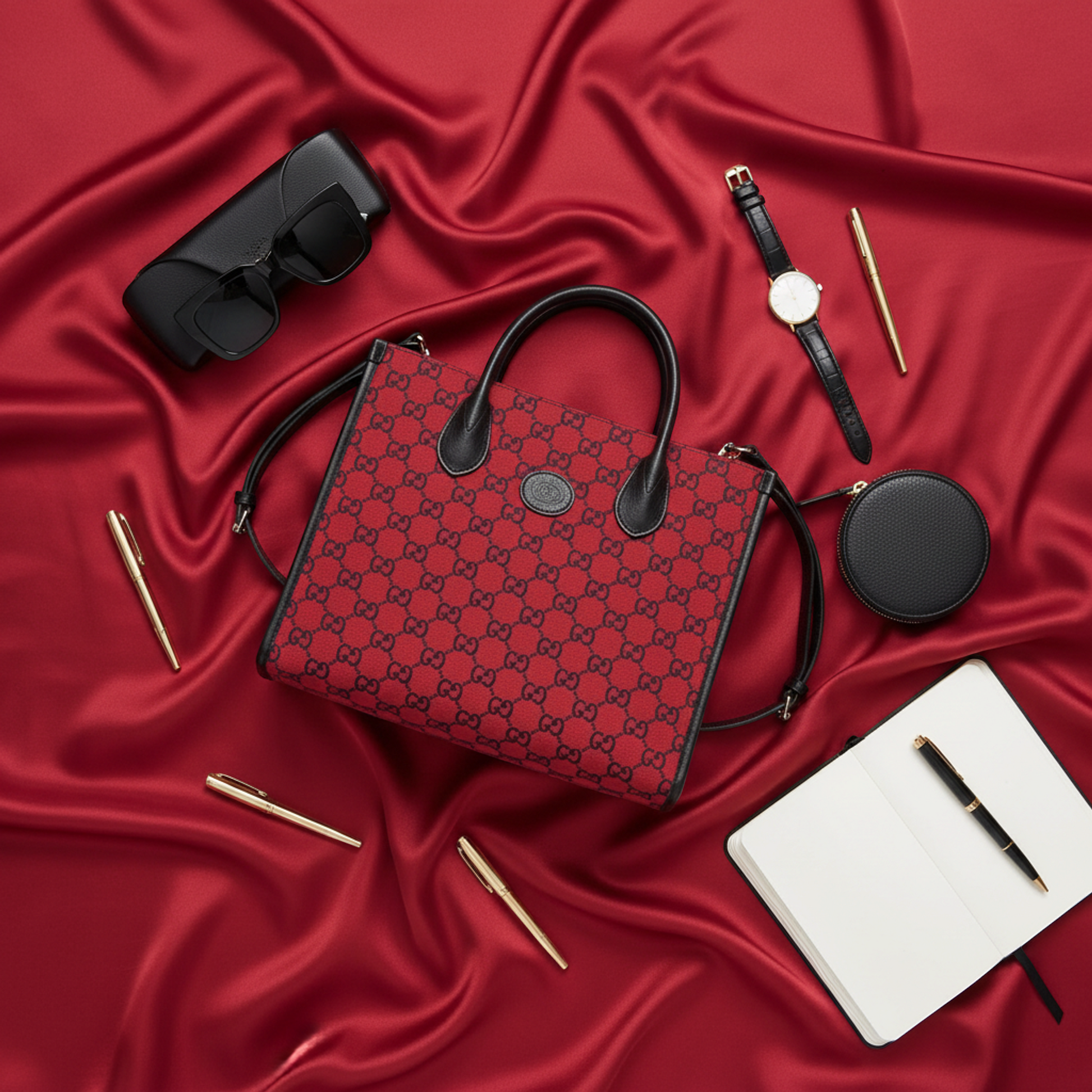 Gucci GG Canvas Interlocking G Small 659983 Women's GG Canvas,Leather Shoulder Bag,Tote Bag Black,Red Color