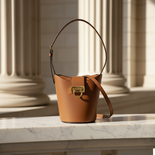Salvatore Ferragamo Gancini Trifoglio Bucket DH-21 1194 Women's Leather Handbag,Shoulder Bag Brown
