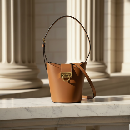 Salvatore Ferragamo Gancini Trifoglio Bucket DH-21 1194 Women's Leather Handbag,Shoulder Bag Brown