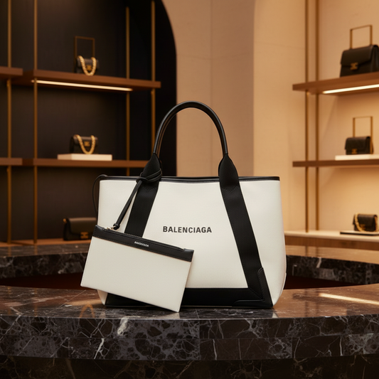 Balenciaga NAVY CABAS M 581292 Women's Leather,Canvas Tote Bag Black,Off-white