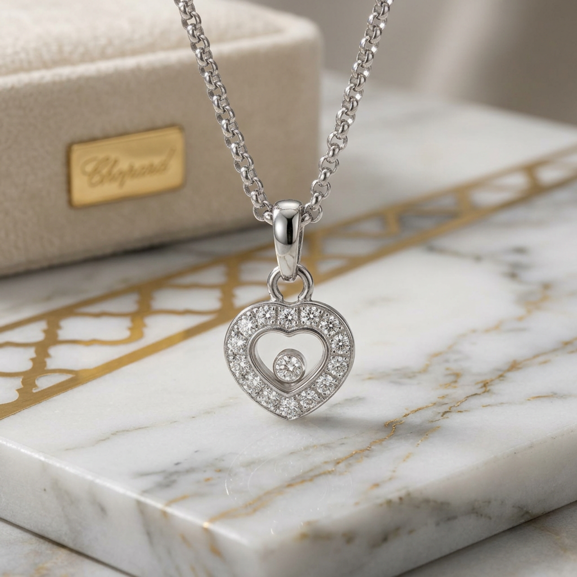 Chopard Happy Diamonds Heart Diamond Necklace 79/1084 White Gold (18K) Diamond Men,Women Fashion Pendant Necklace (Silver)