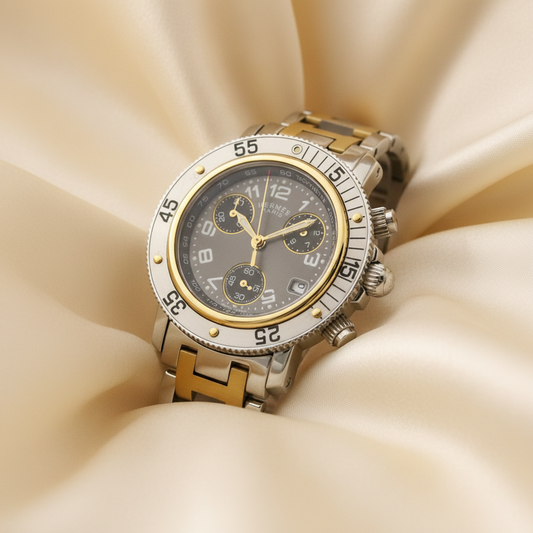 HERMES Clipper Diver Chronograph 18K Gold Steel Watch CL2.320 Polished