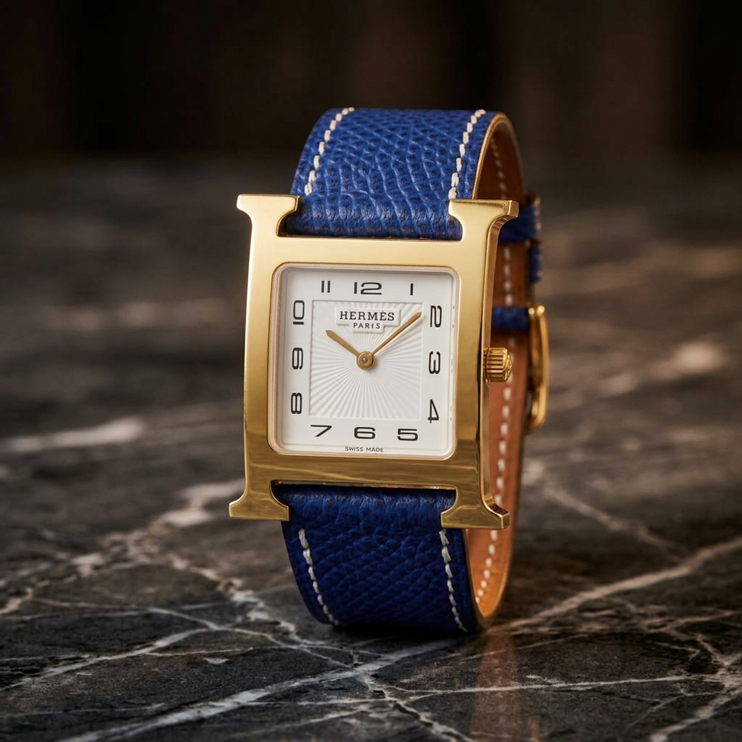 HERMES H Watch Gold Plated Leather Quartz Mens Watch HH1.510