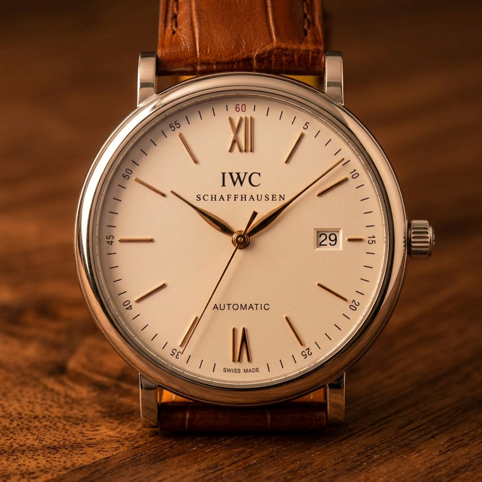 IWC Portofino Steel Leather Automatic Mens Watch IW356517 Polished