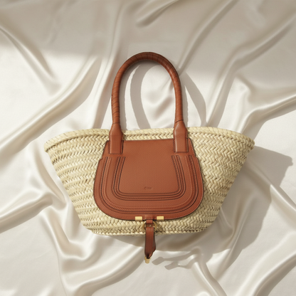 Chloé Marcie Basket Bag CHC20US828C97 Women's Raffia,Leather Handbag,Tote Bag Brown