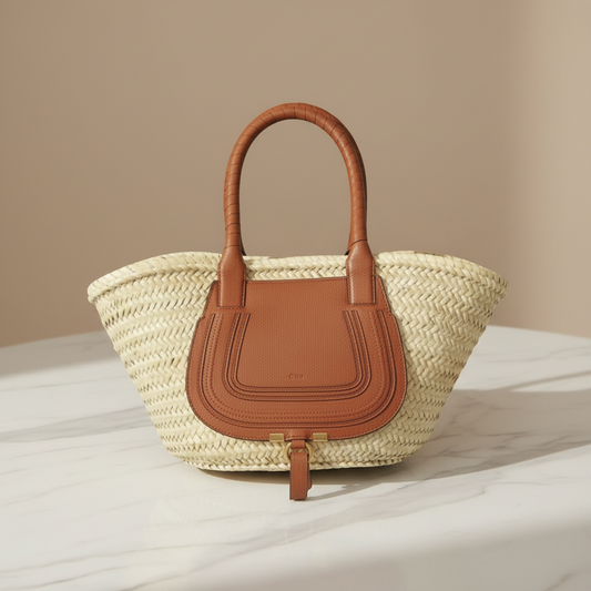Chloé Marcie Basket Bag CHC20US828C97 Women's Raffia,Leather Handbag,Tote Bag Brown