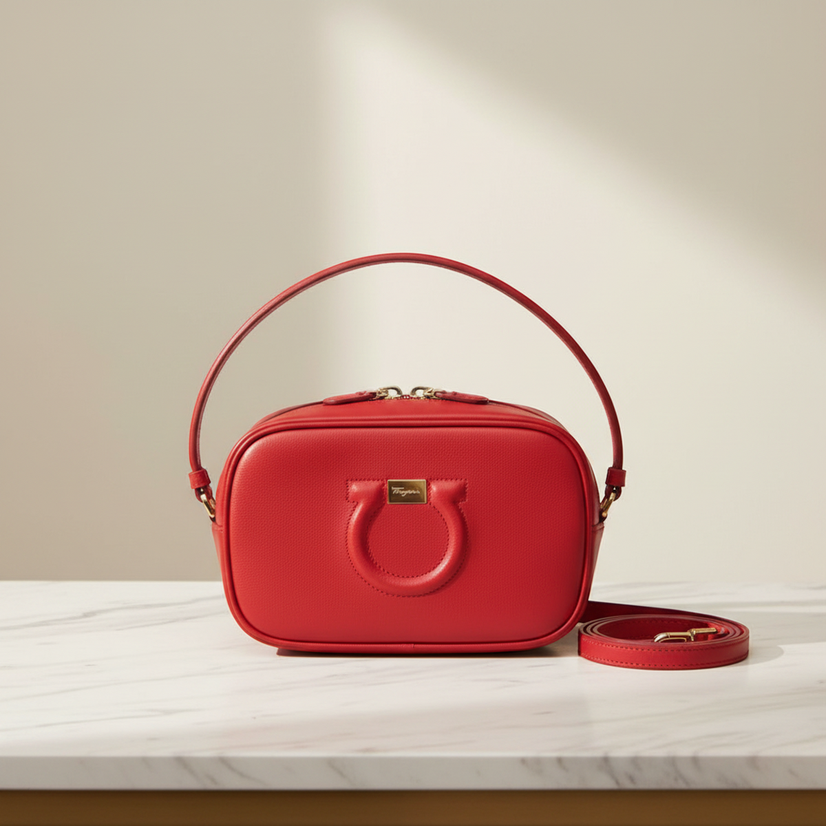 Salvatore Ferragamo Gancini Pouch AB-21 H006 Women's Leather Shoulder Bag Red Color