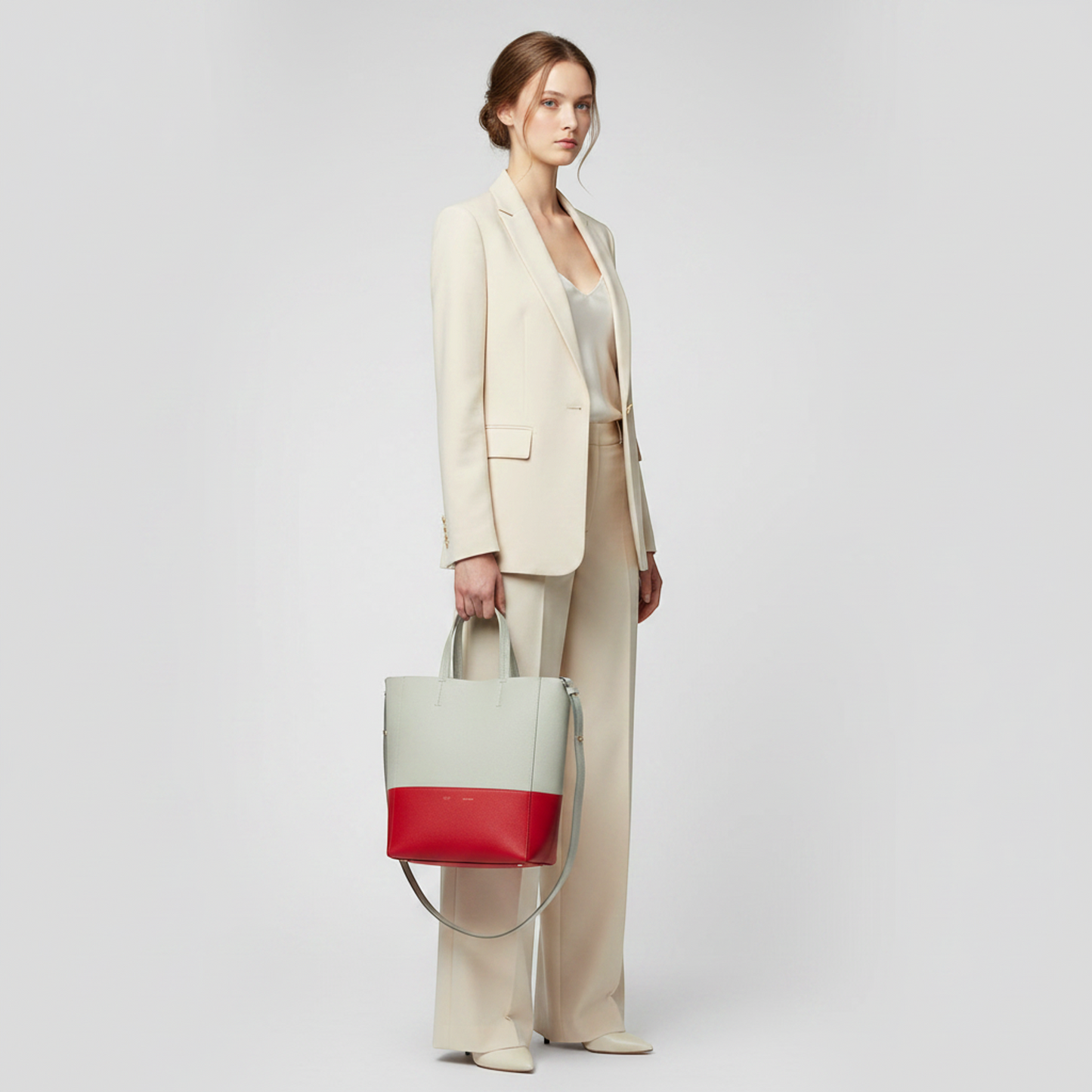 Celine Cabas SMALL VERTICAL 176163 Women's Leather Shoulder Bag,Tote Bag Light Green,Red Color