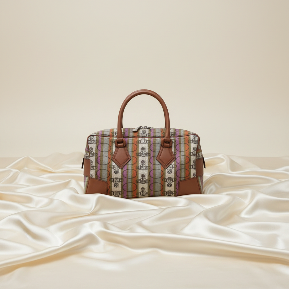 Vivienne Westwood Orb Stripe Small Boston Bag Women's Nylon,Leather Boston Bag,Handbag Brown,Green