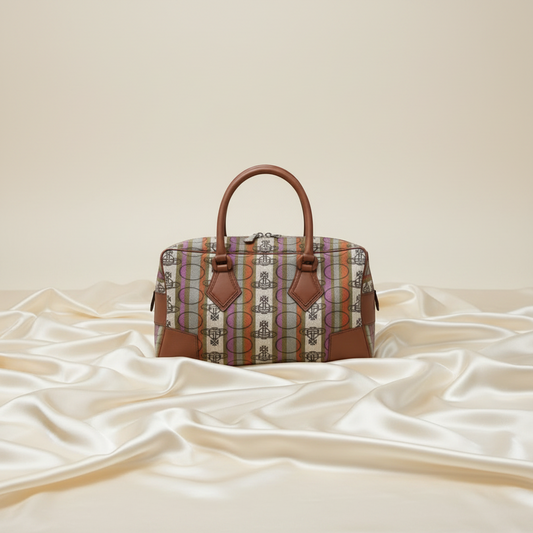 Vivienne Westwood Orb Stripe Small Boston Bag Women's Nylon,Leather Boston Bag,Handbag Brown,Green