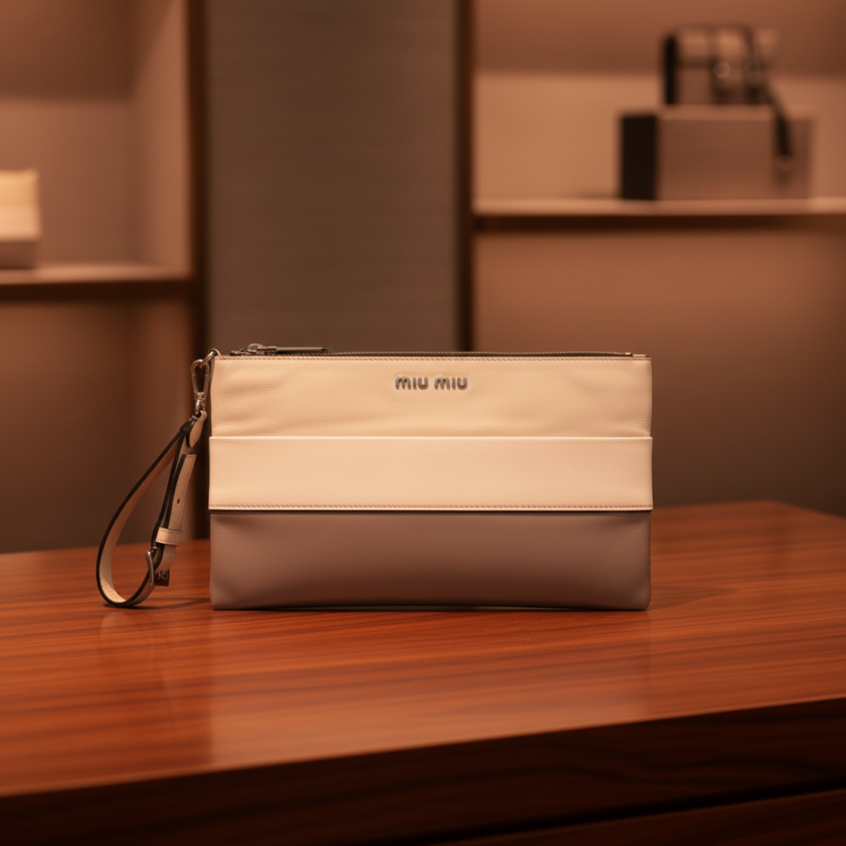 Miu Miu Women's Leather Clutch Bag,Pouch Gray,Light Beige