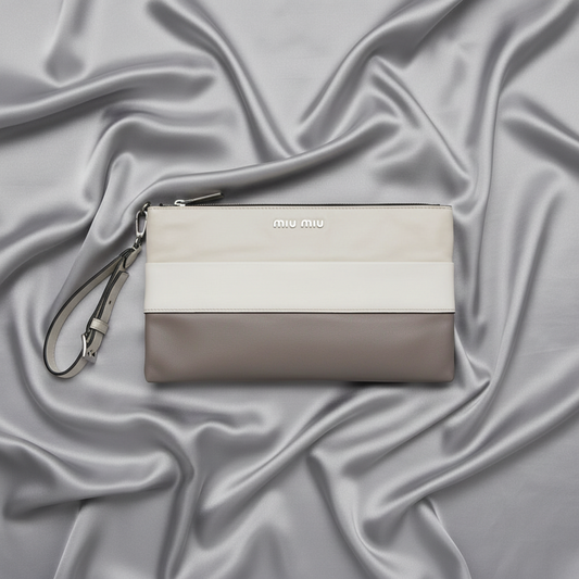 Miu Miu Women's Leather Clutch Bag,Pouch Gray,Light Beige