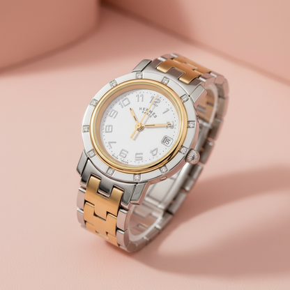 HERMES Clipper Diamond Pink MOP Dial Quartz Watch CL4.222 Polished