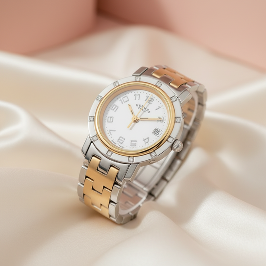 HERMES Clipper Diamond Pink MOP Dial Quartz Watch CL4.222 Polished