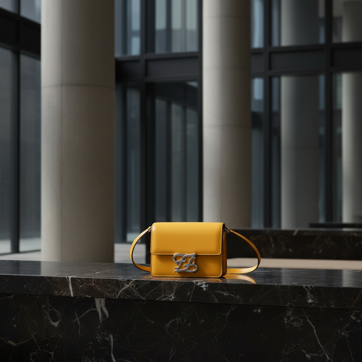 Fendi Calligraphy 8BT317 Women's Leather Shoulder Bag Yellow
