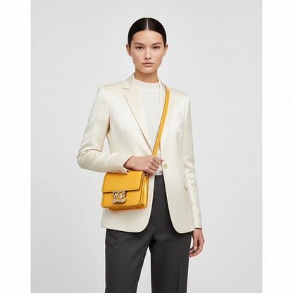 Fendi Calligraphy 8BT317 Women's Leather Shoulder Bag Yellow
