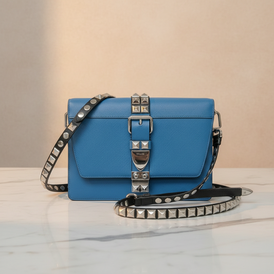 Prada Electra Studs 1BD120 Women's Leather Shoulder Bag Blue