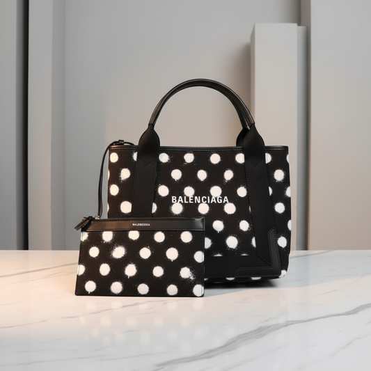 Balenciaga Navy Cabas S Dot Print 339933 Men,Women Canvas,Leather Handbag,Tote Bag Black,White