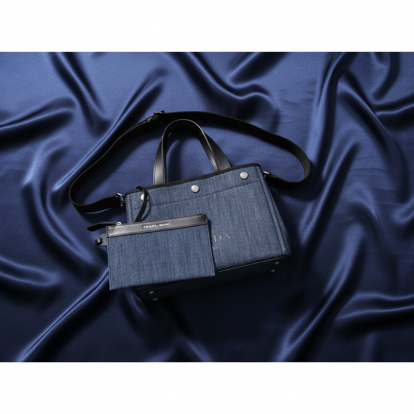 Prada Denim City Calf Tote 1BG311 Women's Denim,Leather Shoulder Bag,Tote Bag Black,Blue