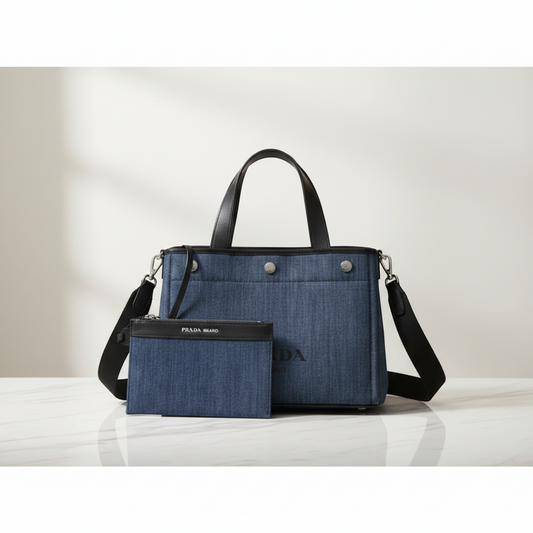 Prada Denim City Calf Tote 1BG311 Women's Denim,Leather Shoulder Bag,Tote Bag Black,Blue