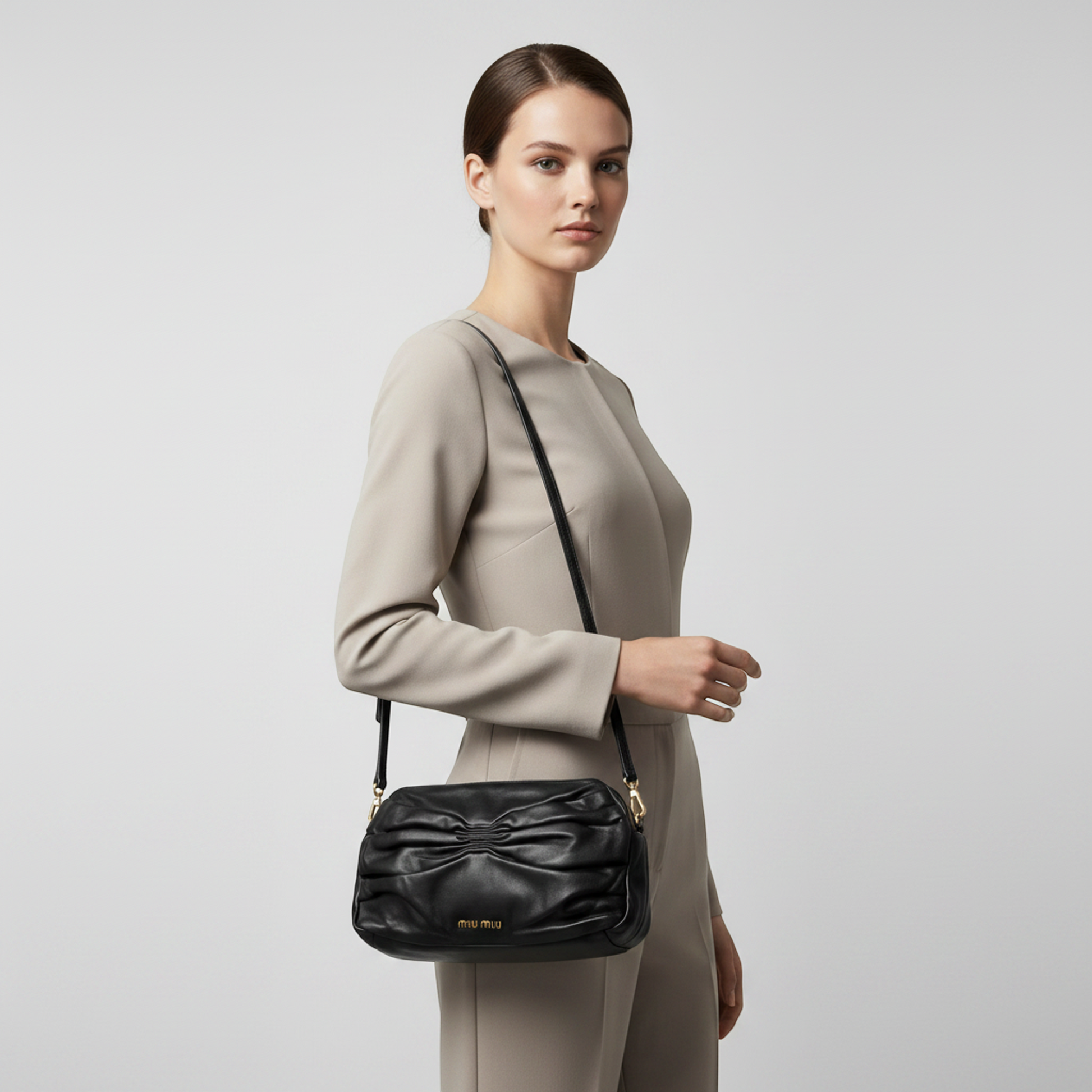 Miu Miu Ribbon Gather Women's Leather Shoulder Bag Black