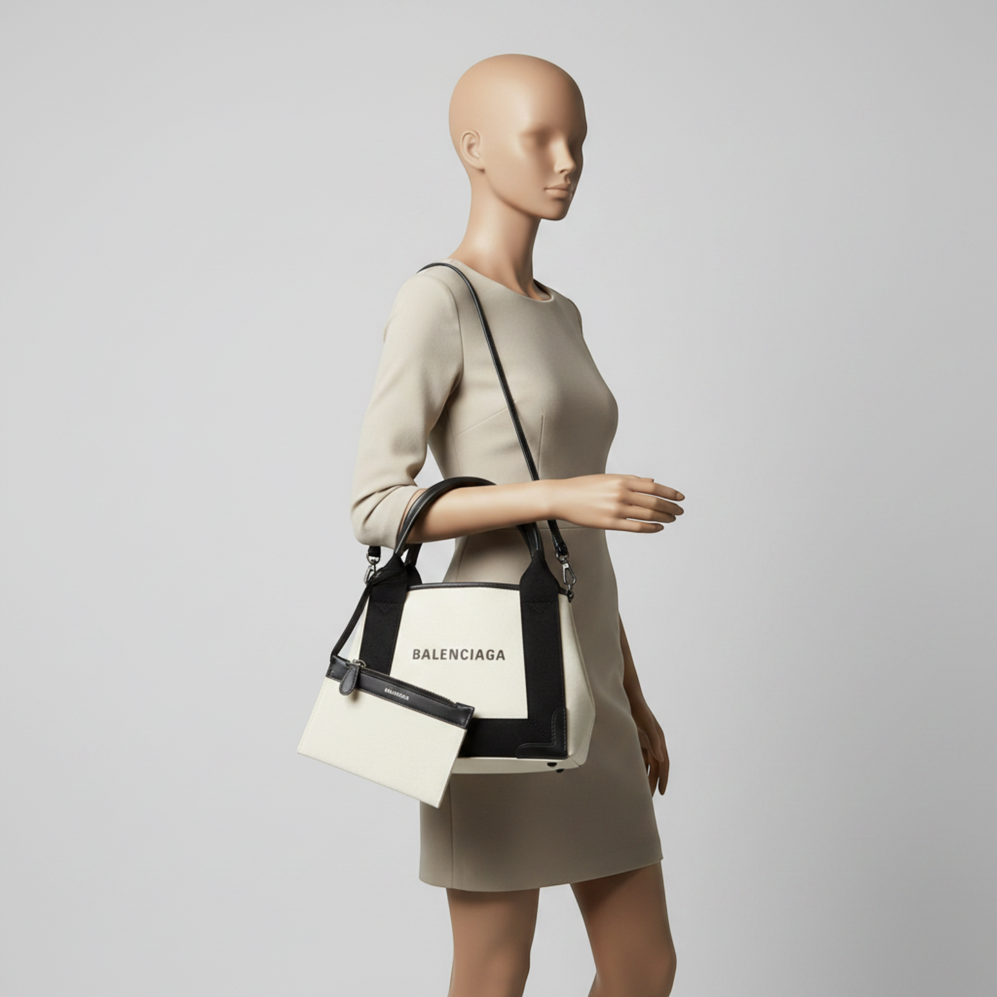 Balenciaga Navy Cabas XS 390346 Women's Canvas,Leather Handbag,Shoulder Bag Black,Cream