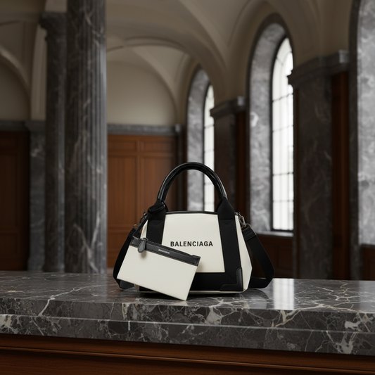 Balenciaga Navy Cabas XS 390346 Women's Canvas,Leather Handbag,Shoulder Bag Black,Cream
