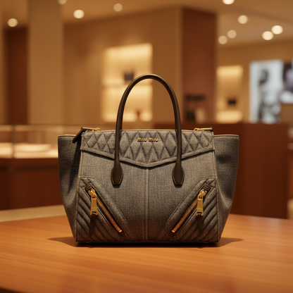 Miu Miu RN1032 BIKER Women's Denim,Leather Handbag,Shoulder Bag Blue