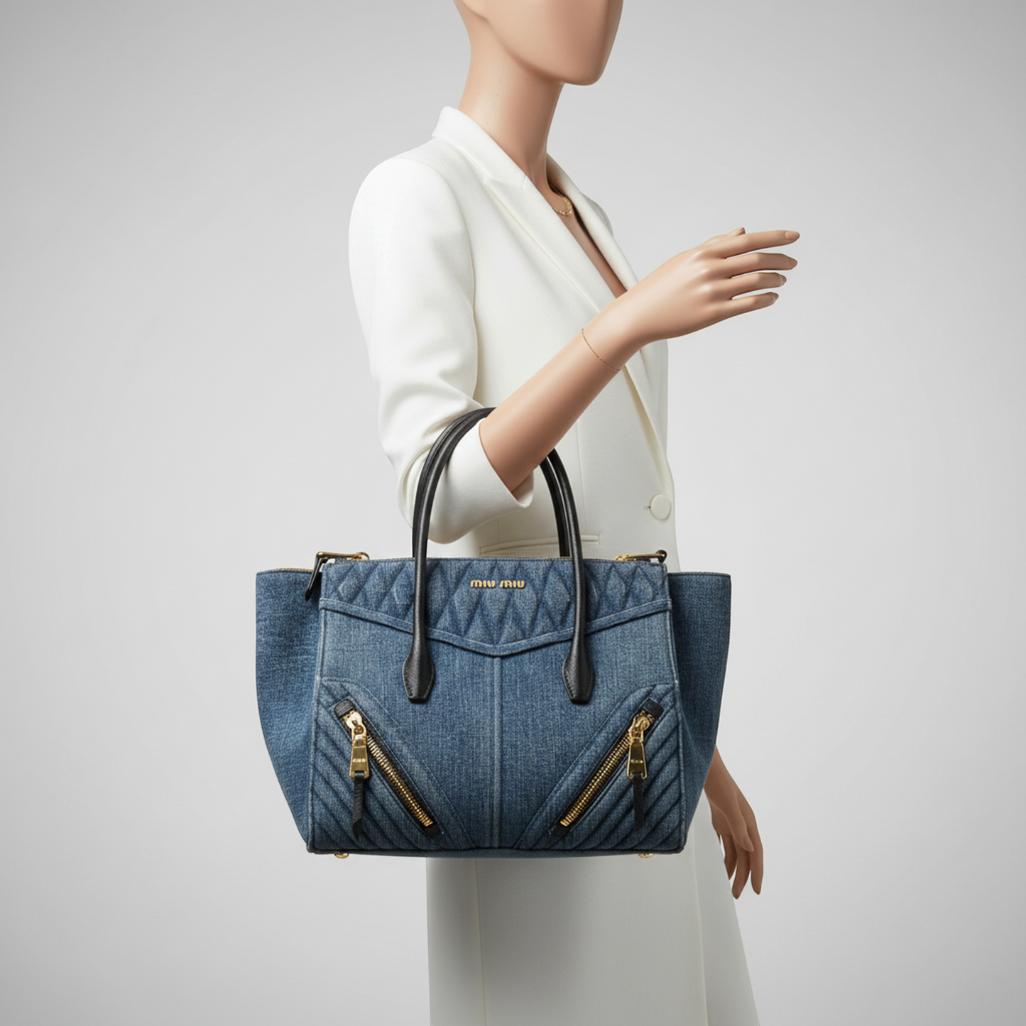 Miu Miu RN1032 BIKER Women's Denim,Leather Handbag,Shoulder Bag Blue