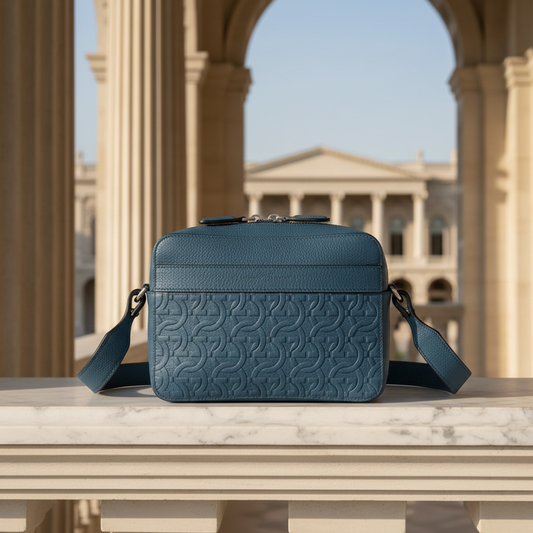 Salvatore Ferragamo Gancini GG-24 1204 Men's Leather Clutch Bag,Shoulder Bag Blue