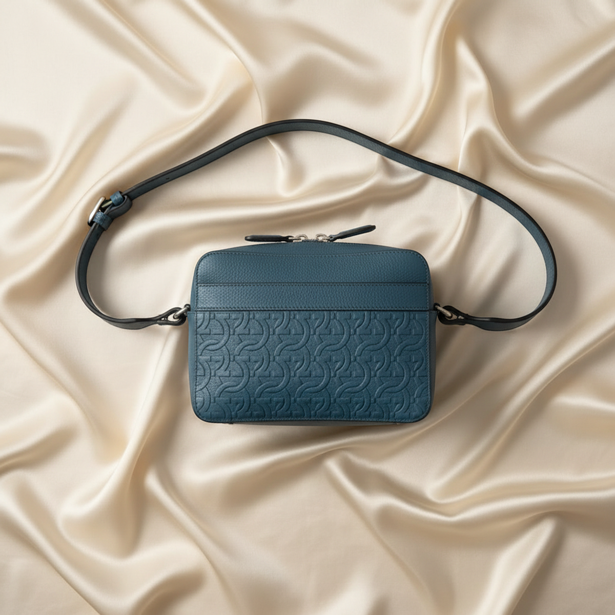 Salvatore Ferragamo Gancini GG-24 1204 Men's Leather Clutch Bag,Shoulder Bag Blue