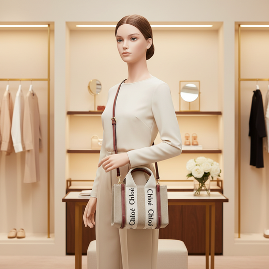 Chloé Woody Mini CHC22AP237I266J5 Women's Linen,Leather Shoulder Bag Light Beige