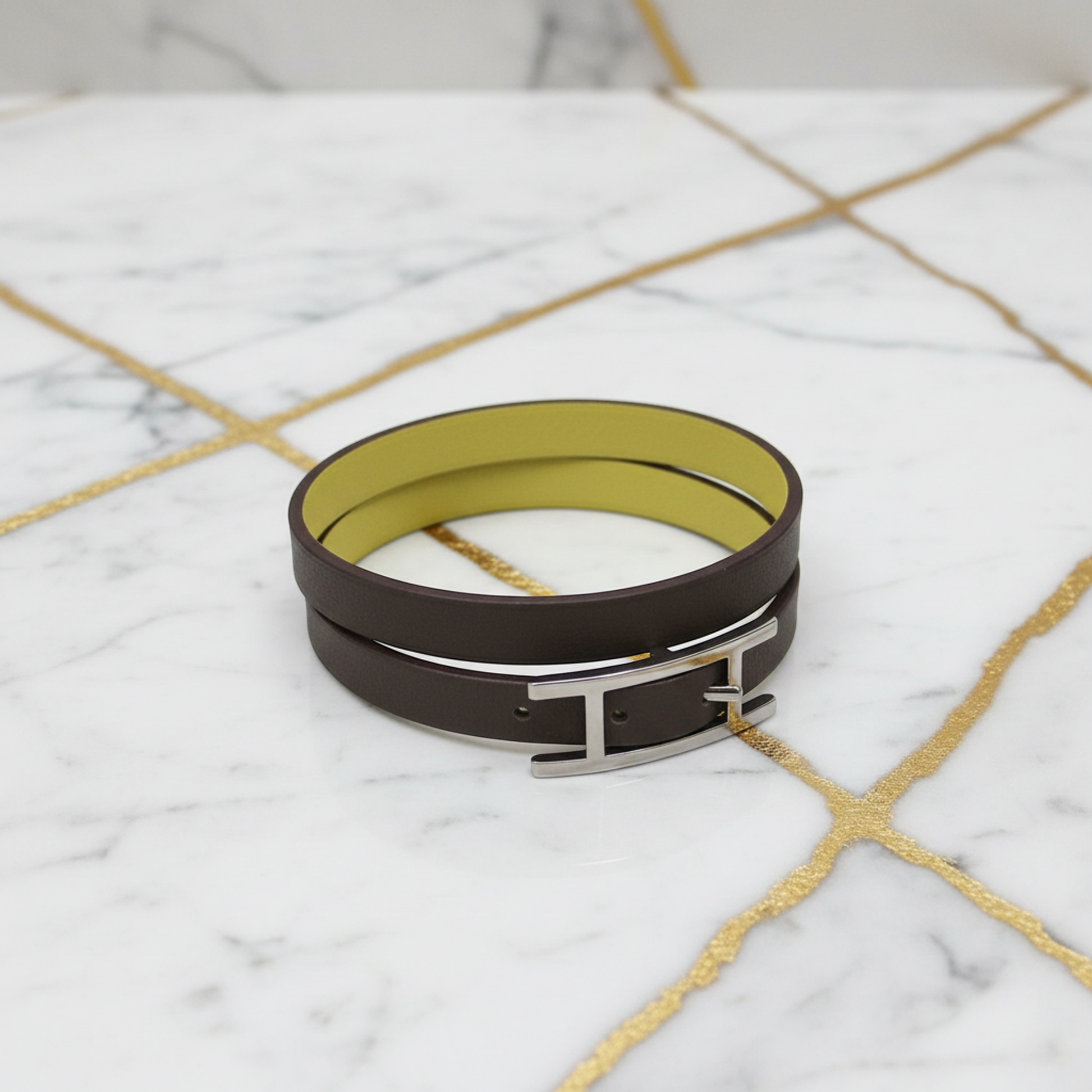 Hermes Behapi Double Tour Leather,Metal Wrap Bracelet Gray,Yellow