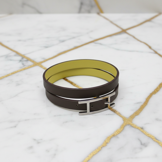 Hermes Behapi Double Tour Leather,Metal Wrap Bracelet Gray,Yellow