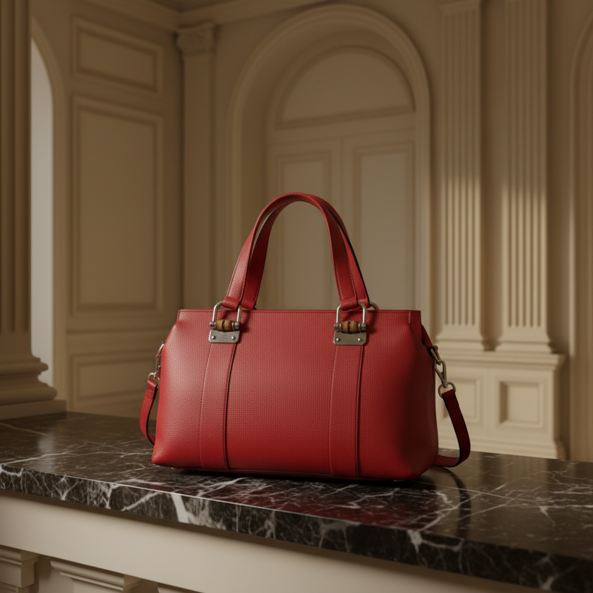 Gucci Bamboo 355772 Women's Leather Handbag,Shoulder Bag Red Color