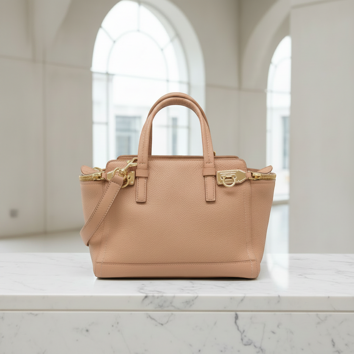 Salvatore Ferragamo Gancini EZ-21 E424 Women's Leather Handbag,Shoulder Bag Pink Beige