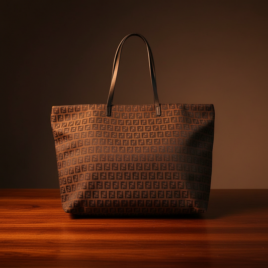 Fendi Zucchino 8BH026 Women's Canvas,Leather Tote Bag Brown