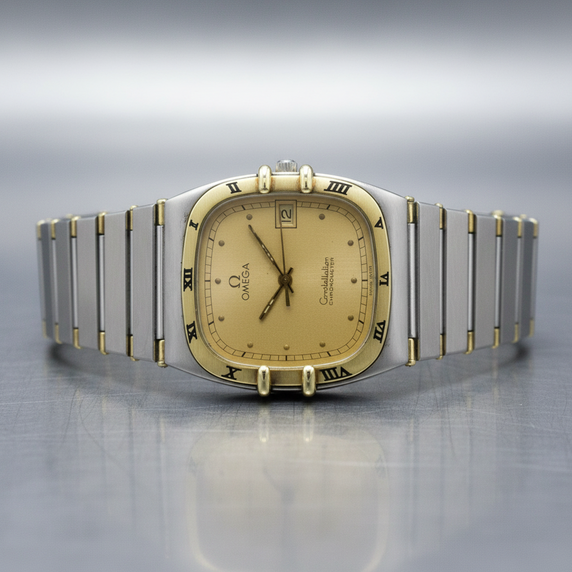 OMEGA Constellation 18K Gold Steel Quartz Mens Watch Polished