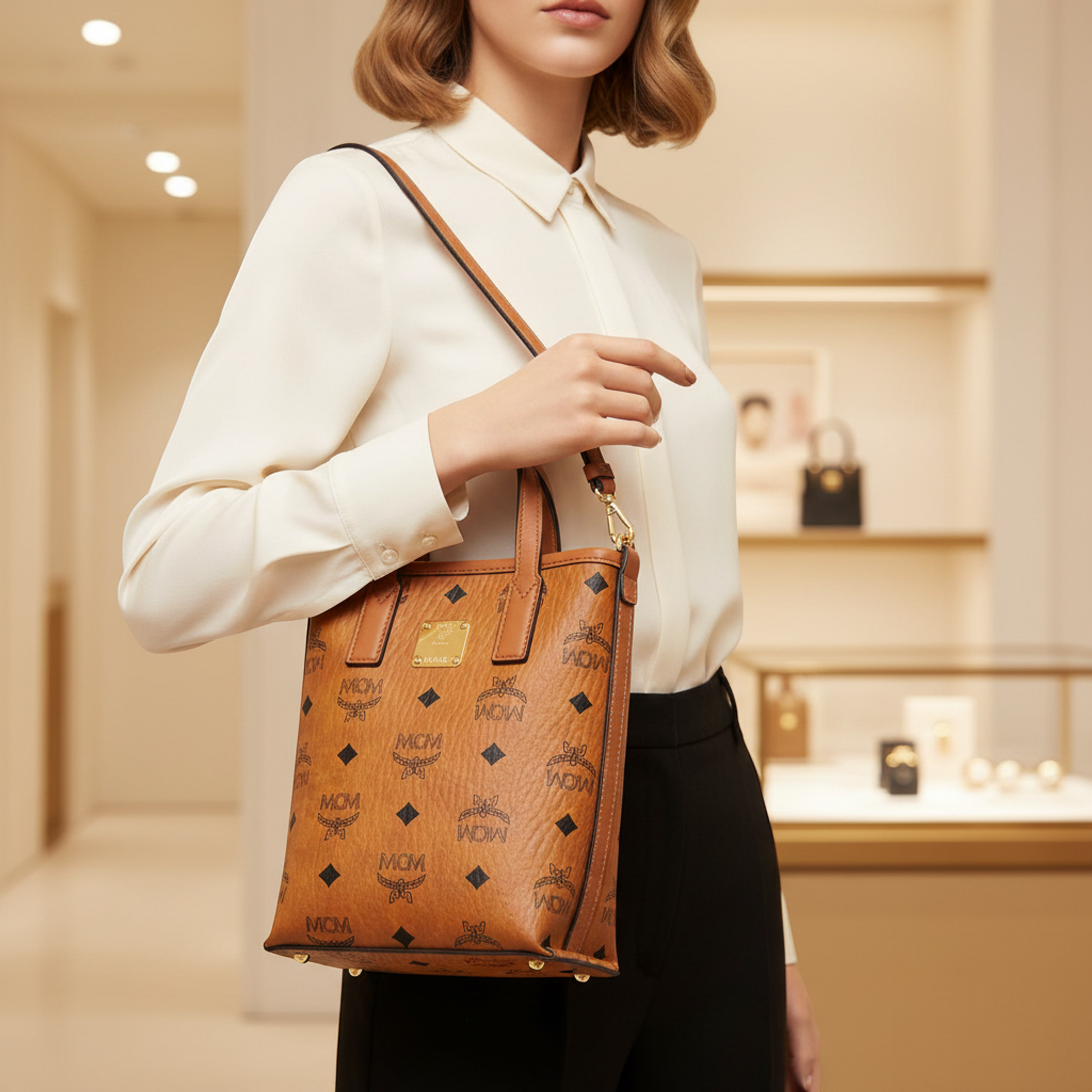 MCM Cognac Visetos Aren MWRAASE03 Women's Leather,Coated Canvas Handbag,Shoulder Bag Light Brown