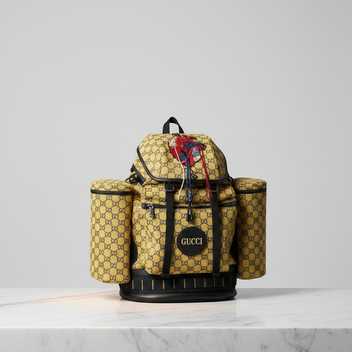 Gucci GG Canvas Heart Patch 562911 Men's GG Canvas,Leather Backpack Dark Navy,Yellow
