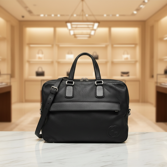 Gucci Interlocking G 322057 Men's Leather Briefcase,Document Case Black