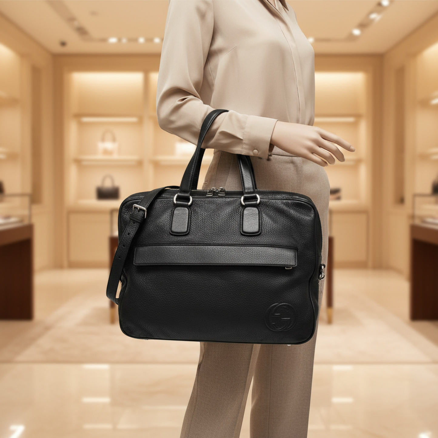 Gucci Interlocking G 322057 Men's Leather Briefcase,Document Case Black