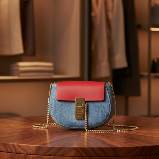Chloé Drew Mini Crossbody Backpack CHC21SP100E27664 Women's Denim,Leather Backpack,Shoulder Bag Blue,Red Color