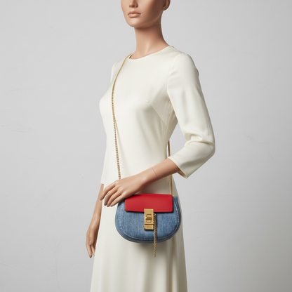 Chloé Drew Mini Crossbody Backpack CHC21SP100E27664 Women's Denim,Leather Backpack,Shoulder Bag Blue,Red Color
