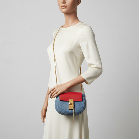 Chloé Drew Mini Crossbody Backpack CHC21SP100E27664 Women's Denim,Leather Backpack,Shoulder Bag Blue,Red Color